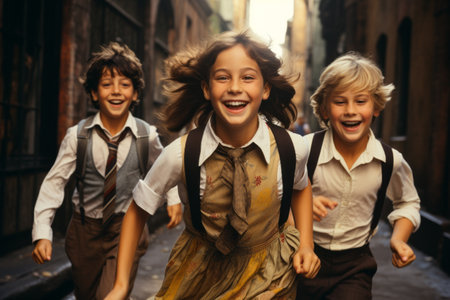 Pre-adolescent boys and girls going to school and laughing. Generative Aiの素材