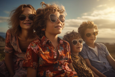 Little boy and his siblings enjoy with mother a hot summer afternoon at the beach. Generative Aiの素材