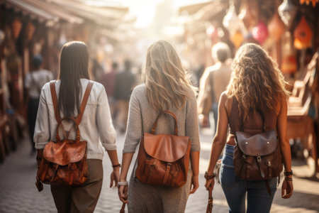 Two woman tourist walking with luggage through the souks of Marrakech. Generative AIの素材