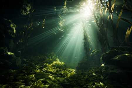 A captivating shot of sunlight filtering through the dense kelp canopy underwater, creating mesmerizing patterns of light and shadow. Generative Aiの素材