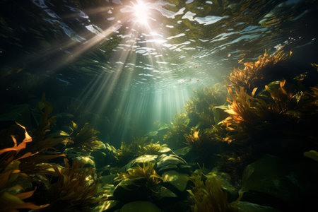 A captivating shot of sunlight filtering through the dense kelp canopy underwater, creating mesmerizing patterns of light and shadow. Generative Aiの素材