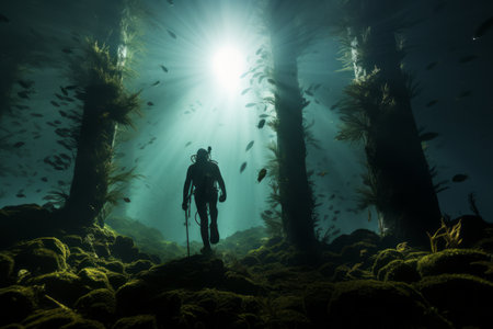 Underwater images capturing divers and marine biologists exploring the Laminaria japonica habitats, revealing the intricate beauty of these underwater forests. Generative Aiの素材
