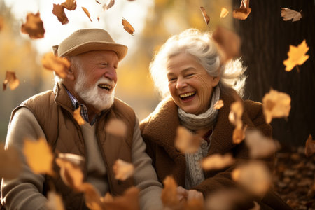 Senior couple relaxing in a park, and sitting on the bench throwing dry leaves in the air. Generative AIの素材
