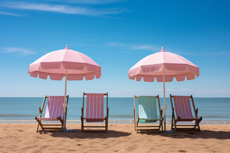 A row of traditional umbrella and pastel color chairs on the beach. Generative AIの素材