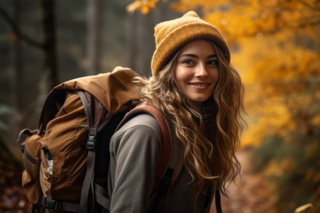 Young woman hiker enjoying in the autumn forest. Generative AIの素材