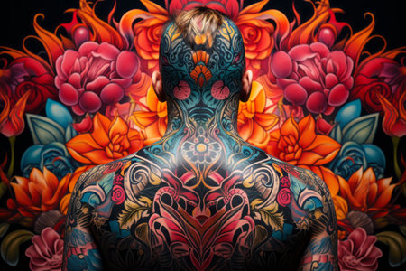 Close-up view of a person's tattooed back, displaying a kaleidoscope of colors and designs. Generative Aiの素材