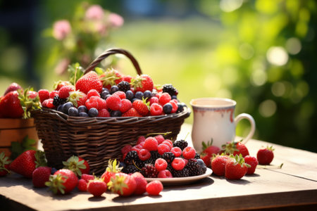 Assortment of various berries, arranged on a rustic wooden table. The composition evokes a sense of freshness and abundance, with vibrant shades of red, blue, and black. Generative AIの素材