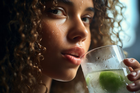 Young woman enjoying a refreshing glass of water with mint , emphasizing its natural and healthy qualities. Generative Aiの素材