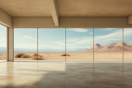 An evocative portrayal of a spacious, empty room with large windows overlooking a tranquil outdoor landscape, inviting a sense of peace and contemplation. Generative Aiの素材
