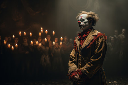 Creepy clown in full makeup and costume, standing alone on a dimly lit stage, capturing the unsettling nature of a solo performance. Generative Aiの素材