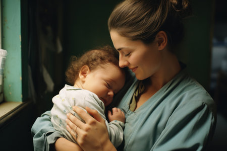 Caregiver gently cradling an infant with exaggerated tenderness, captured in a uniformly staged setting that evokes a sense of warmth and protection. Generative Aiの素材