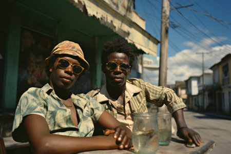 Lively street scene with subdued colors and expressive body language, portraying people engaged in everyday activities against a backdrop of cultural vibrancy. Generative Aiの素材