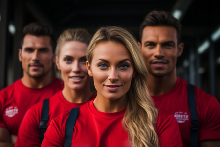 Advertising portrait shot of a Lifeguard team team standing together in a beach and they look at the camera. Generative Aiの素材