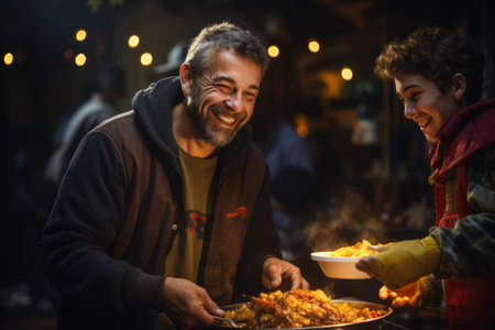 A close-up shot of a kind-hearted volunteer serving a warm meal to a person experiencing homelessness, emphasizing compassion and human connection. Generative AIの素材
