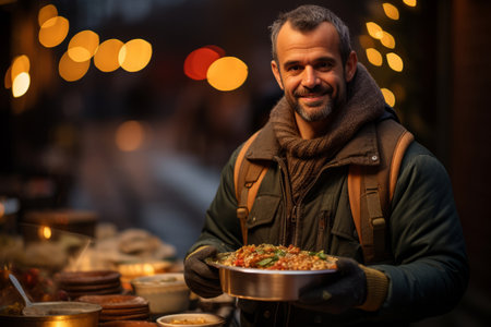 A close-up shot of a kind-hearted volunteer serving a warm meal to a person experiencing homelessness, emphasizing compassion and human connection. Generative AIの素材