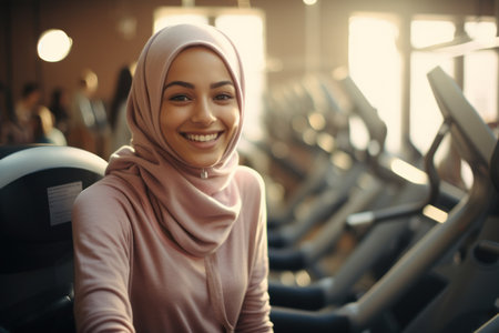 Muslim woman in fitness activities, celebrating her dedication to physical well-being and personal growth. Generative AIの素材