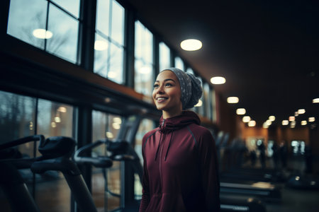 Muslim woman in fitness activities, celebrating her dedication to physical well-being and personal growth. Generative AIの素材