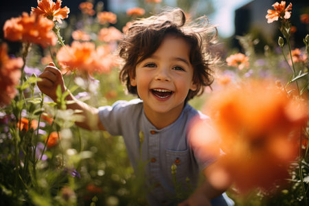 A child playing in a field of flowers. Generative Aiの素材