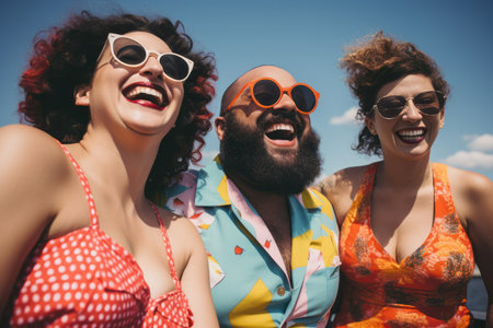 Diverse group of people enjoying a day at the beach, radiating confidence in their swimsuits and celebrating body positivity. Generative Aiの素材