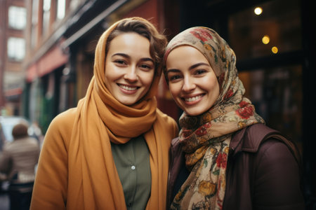 Muslim women of various backgrounds wearing different hijab styles, celebrating the diversity of traditions within Islam. Generative AIの素材