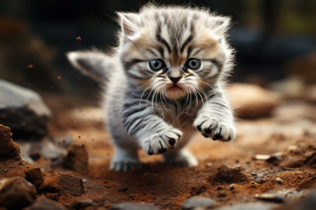 Playful kitten frolics among the fallen leaves. Its vibrant orange fur stands out against the surrounding natural elements, adding a whimsical touch to the scene. Generative AIの素材