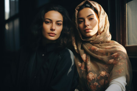 Muslim women of various backgrounds wearing different hijab styles, celebrating the diversity of traditions within Islam. Generative AIの素材