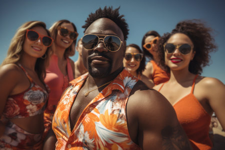 Diverse group of people enjoying a day at the beach, radiating confidence in their swimsuits and celebrating body positivity. Generative Aiの素材