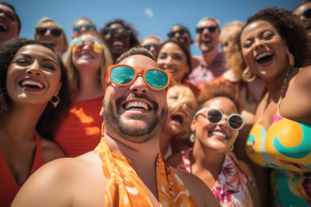 Diverse group of people enjoying a day at the beach, radiating confidence in their swimsuits and celebrating body positivity. Generative Aiの素材