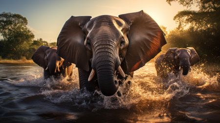 A group of African elephants bathing and playing in a river, the water splashing and droplets glistening in the sunlight. Generative AIの素材