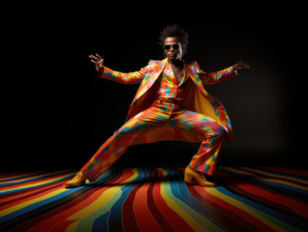An energetic portrait of a disco dancer in seventies LGBTQ fashion, donning bold patterns, wide collars, and platform shoes. Generative Aiの素材