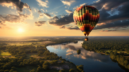 Aerial photograph capturing the winding course of the mighty Zambezi River as it flows through the pristine wilderness of Zambia, framed by lush greenery and dramatic cliffs. Generative Aiの素材