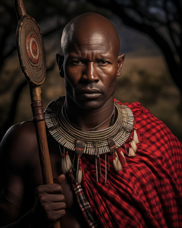 Maasai warrior in traditional attire, standing against a backdrop of the African landscape, holding a spear and shield. Generative AIの素材