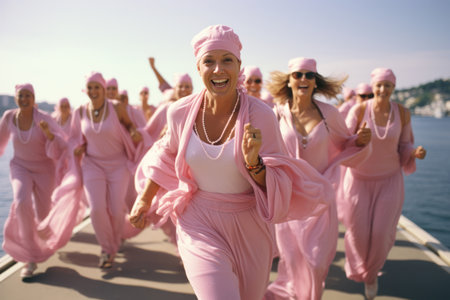 A group of people participating in a Breast Cancer Awareness charity walk, wearing pink attire and walking with determination. Generative Aiの素材