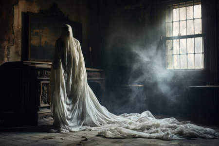A ghostly apparition floating in a dimly lit, abandoned mansion, with tattered curtains and cobwebs, evoking a sense of haunting and suspense. Generative AIの素材