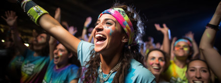 A fitness class is in full swing, with participants wearing neon-colored headbands and wristbands, adding splashes of purple, red, blue and green to the mix. Generative AIの素材