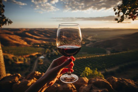 A close-up shot of hands holding a glass of red wine against the backdrop of beautiful grapevines and rolling hills. Generative aiの素材