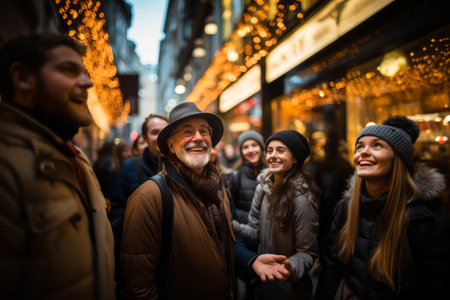 A friendly tour guide leading a group of tourists through bustling city streets, pointing out landmarks and sharing fascinating historical facts. Generative AIの素材