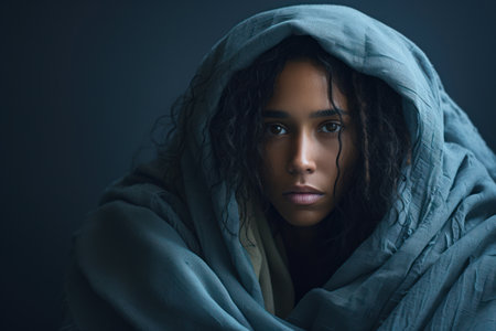 A person wrapped in a blanket, holding tissues, and looking fatigued, illustrating the classic symptoms of the flu, such as fatigue, chills, and congestion. Generative Aiの素材