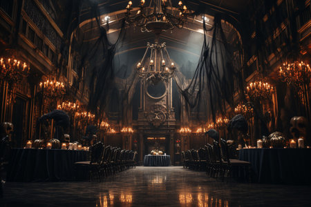 A grand ballroom adorned with cobwebs and chandeliers, where elegantly dressed guests in masks dance the night away at a masquerade-themed Halloween party. Generative Aiの素材