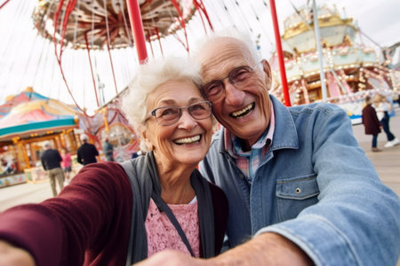 Grandfather and grandmother taking selfie at amusement park. Generative Ai Generative Aiの素材