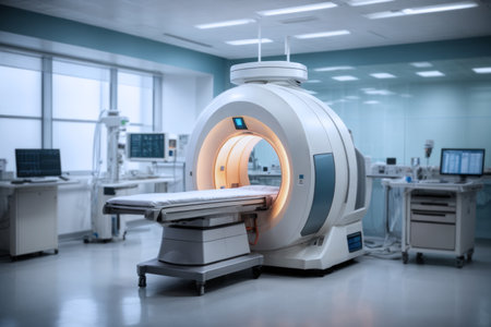 Advanced medical diagnosis machine at hospital lab. Magnetic Resonance Imaging Machine. Computerized Axial Tomography Scan. Generative Aiの素材