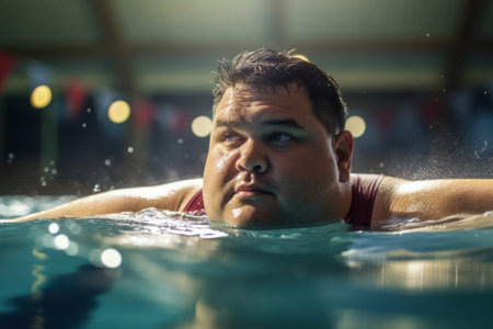 An athlete plus-sized swimmer during a training. Generative Ai.の素材
