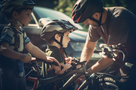 A family gearing up for a bike ride, with everyone wearing properly fitted helmets to showcase the importance of bicycle safety. Generative AIの素材