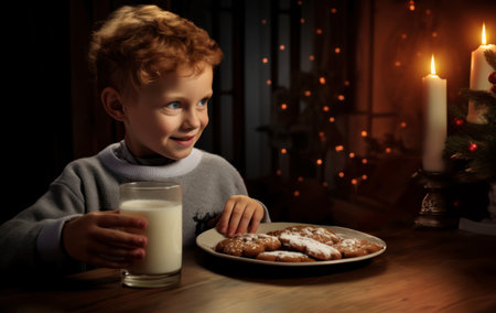 Children leaving a plate of freshly baked gingerbread cookies and a glass of milk for Santa on Christmas Eve. Generative Aiの素材
