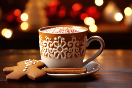 A close-up of a steaming gingerbread latte in a festive holiday mug, highlighting warm and comforting beverages. Generative Aiの素材