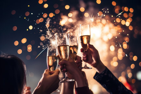 A group of young friends toasting with champagne flutes, surrounded by sparkling fireworks, capturing the excitement and celebration of the New Year. Generative Aiの素材