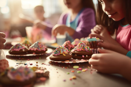 A group of children or friends having fun while adding colorful icing, sprinkles, and other toppings to their homemade chocolate cookies, set against a playful, creative backdrop. Generative Aiの素材