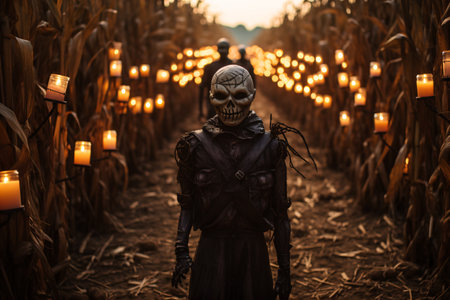 A spooky cornfield maze with menacing scarecrow figures and flickering lanterns, challenging visitors to navigate through the darkness. Generative Aiの素材
