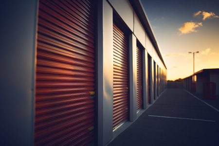 Exterior view of a self storage units row. Individual storage unit metal roll up doors. Generative Aiの素材