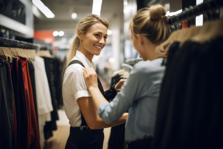 A helpful store assistant assisting the woman in the fitting room. Generative AIの素材